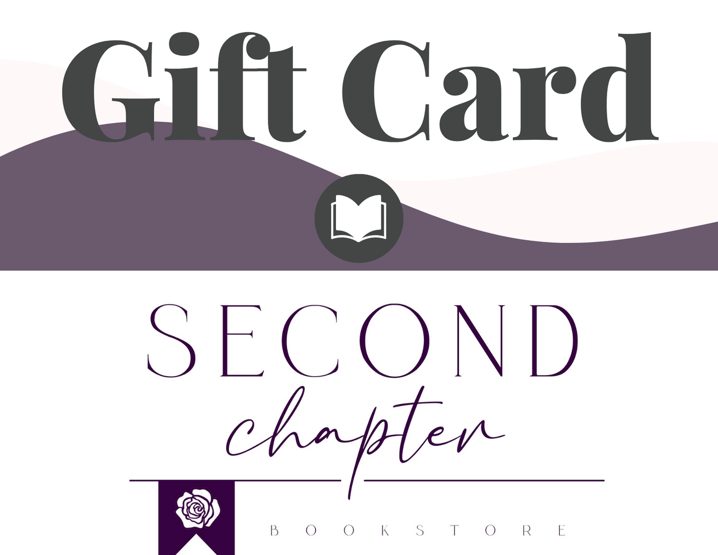 Gift card design for Second Chapter Bookstore with a purple and white color scheme.