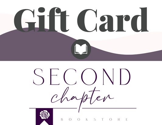 Gift card design for Second Chapter Bookstore with a purple and white color scheme.